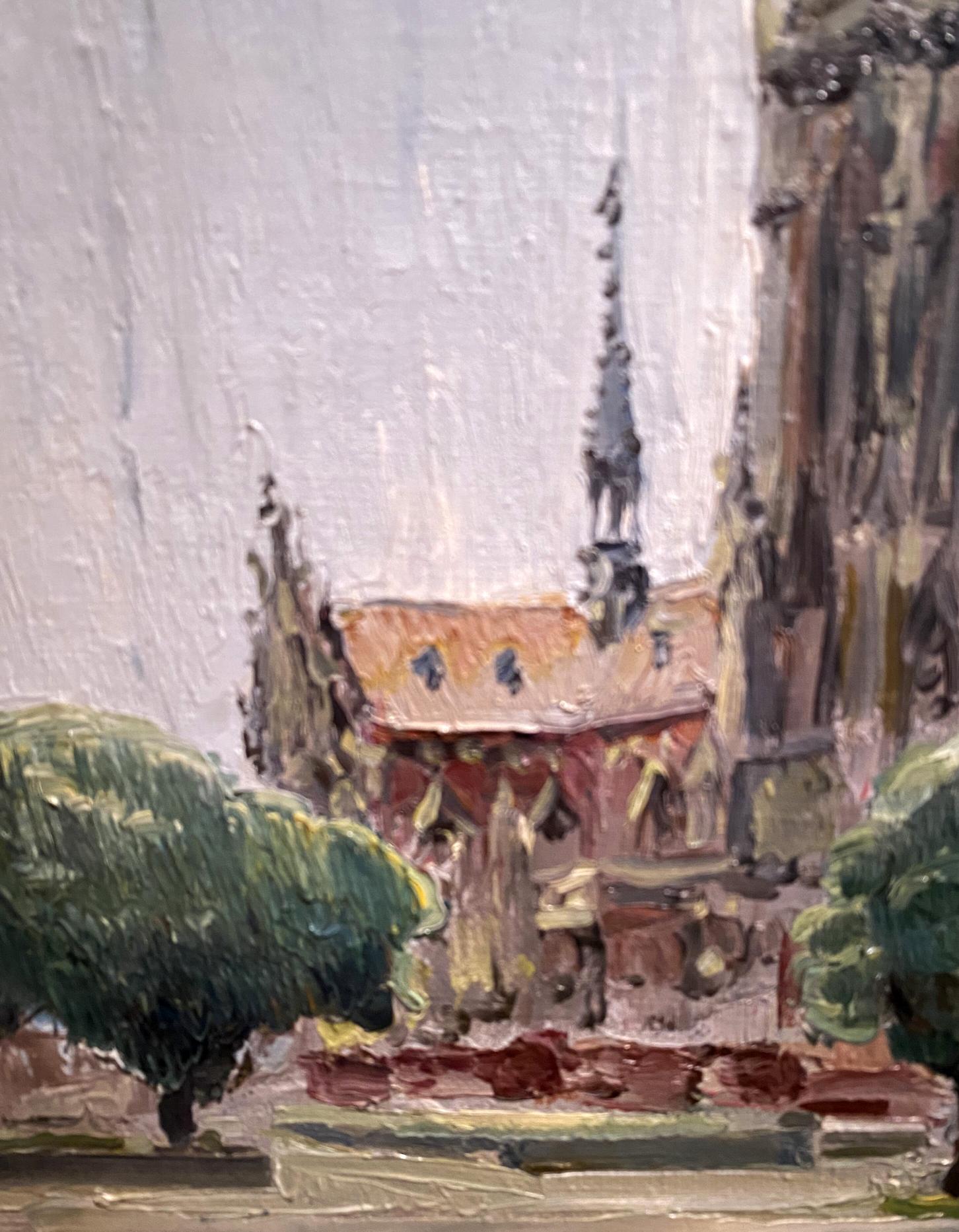 Oil painting of St. Nicholas Church by Vladimir Sadovoy, gothic building with orange roof