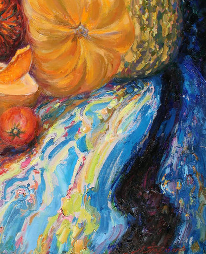 Vibrant orange pumpkin on swirling blue-yellow surface in Leonid Pavlenko oil painting