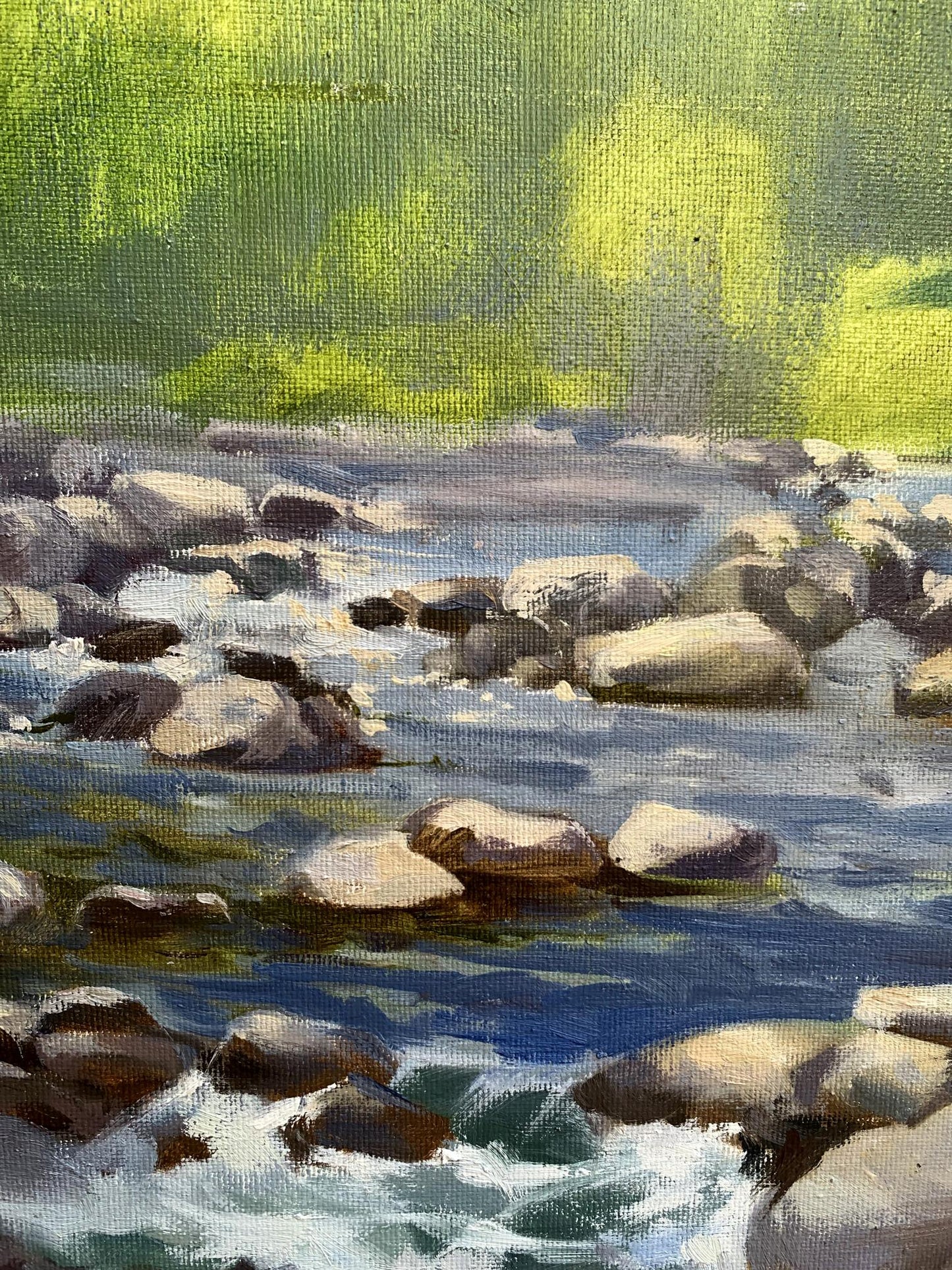 Oil painting Threshold to a dream by Tatyana Derdey: flowing river with stones