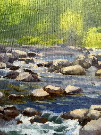 Oil painting Threshold to a dream by Tatyana Derdey: flowing river with stones