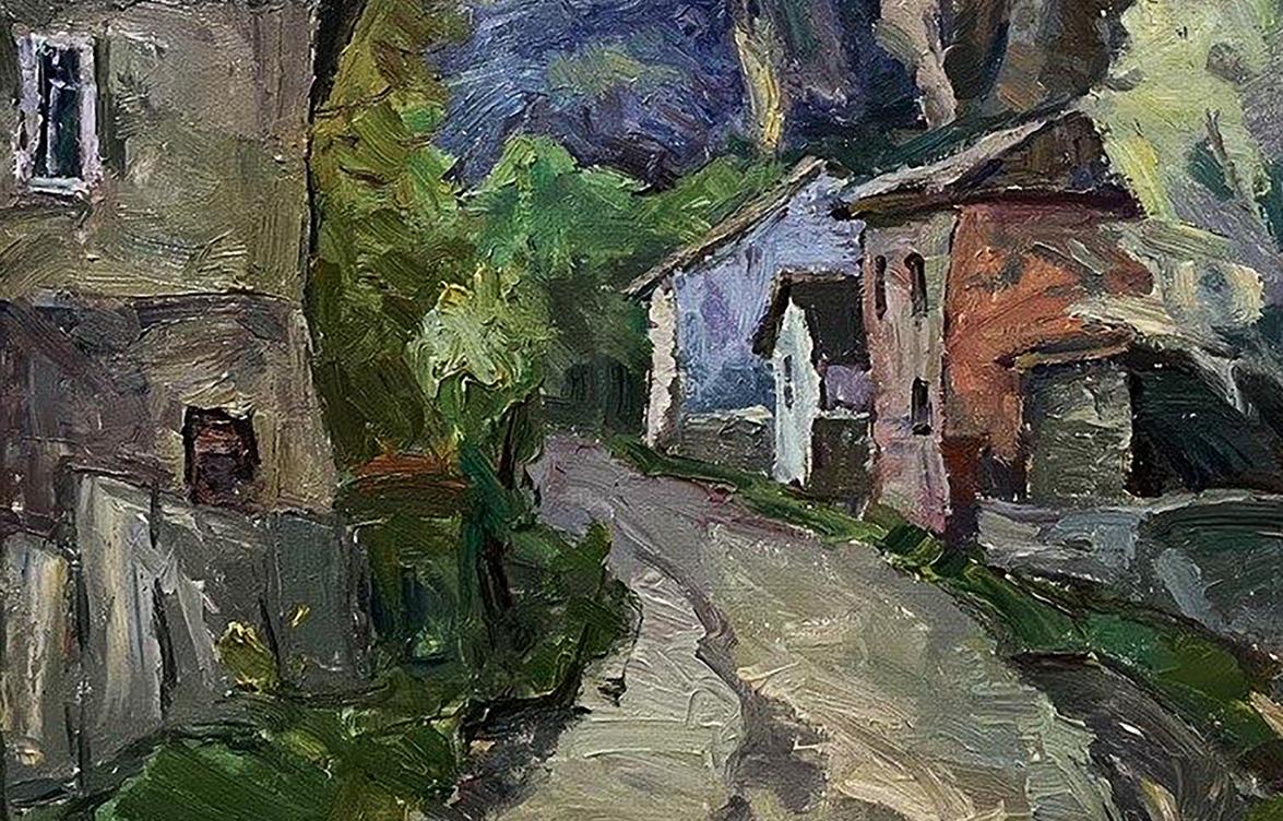 Oil painting The House by the Rock by Oleksandr Andreev, rustic village scene