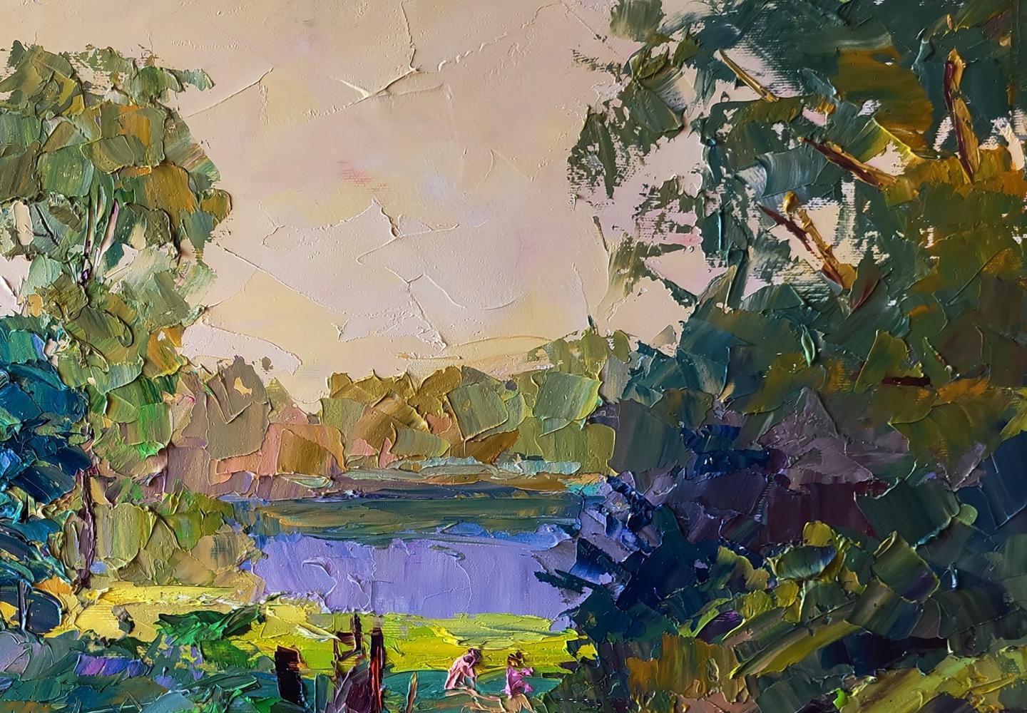 Impasto oil painting The path to the river by Boris Serdyuk, serene lakeside scene