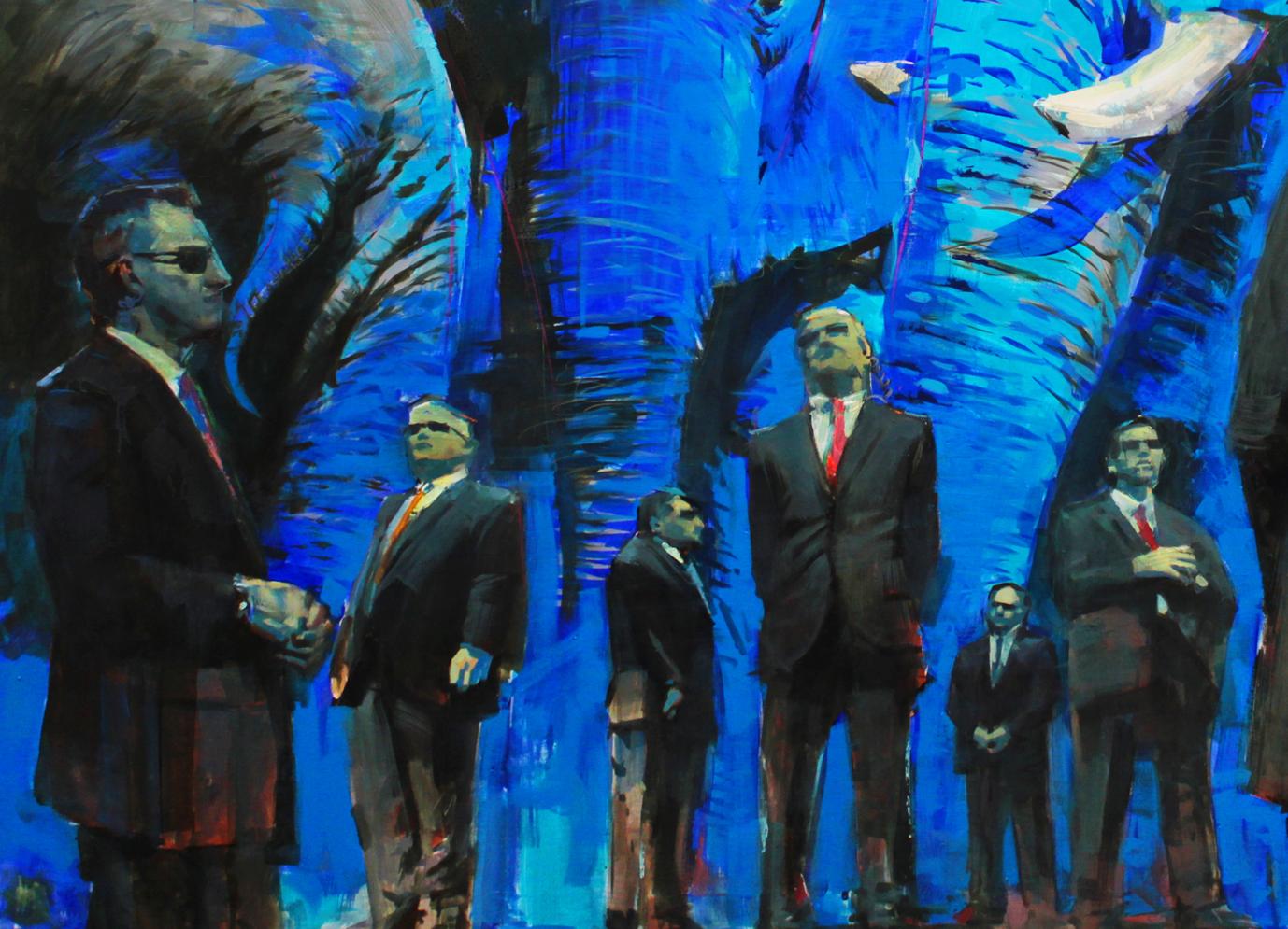 Oil painting Bodyguards by Ed Potapenkov: suited men and blue elephant