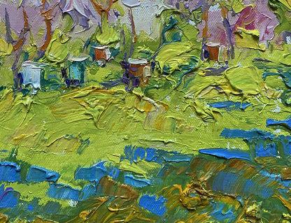 Vibrant Spring Garden oil painting by Oleksiy Ivanyuk with textured green, blue, purple strokes