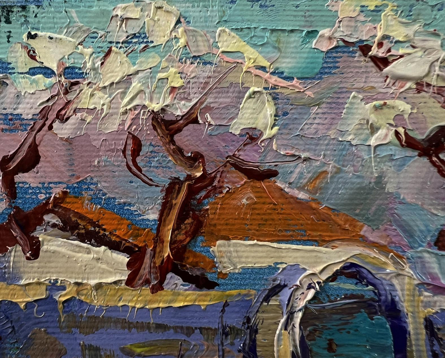 Oil painting Village memory by Oleksiy Ivanyuk in teal, brown hues