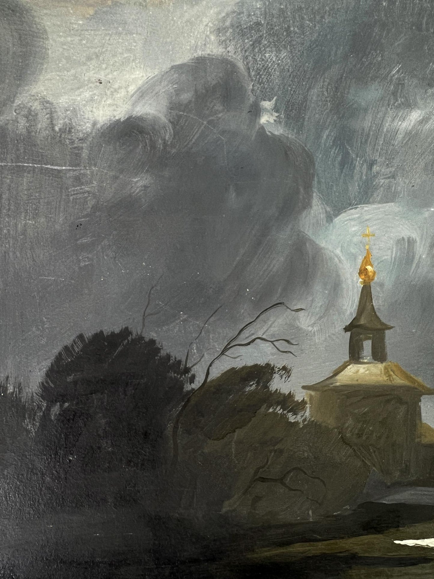 Dark stormy oil painting of small church with golden cross by Oleg Litvinov