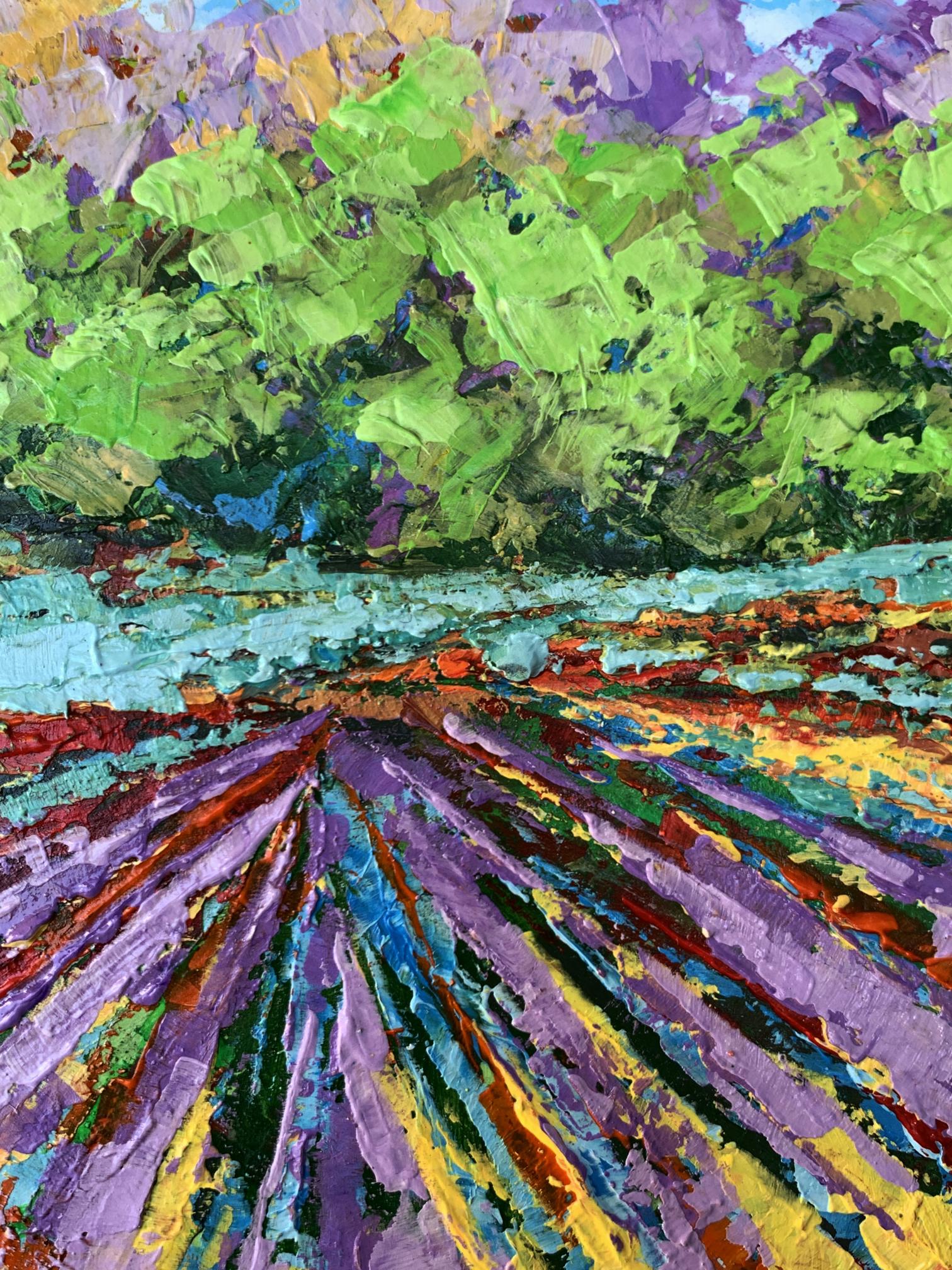 Vibrant Sunny field near forest oil painting by V. Zadorozhnya with impasto strokes
