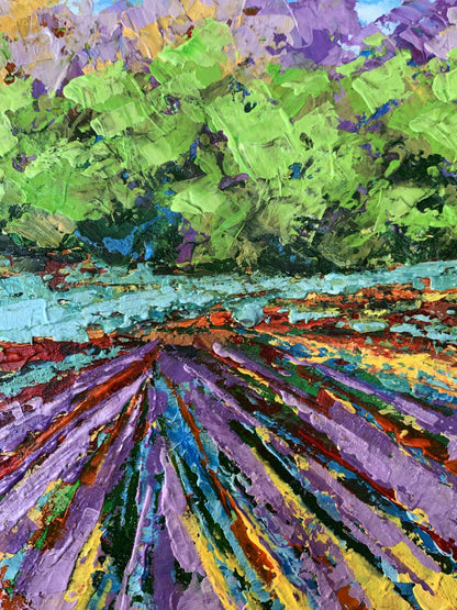 Vibrant Sunny field near forest oil painting by V. Zadorozhnya with impasto strokes