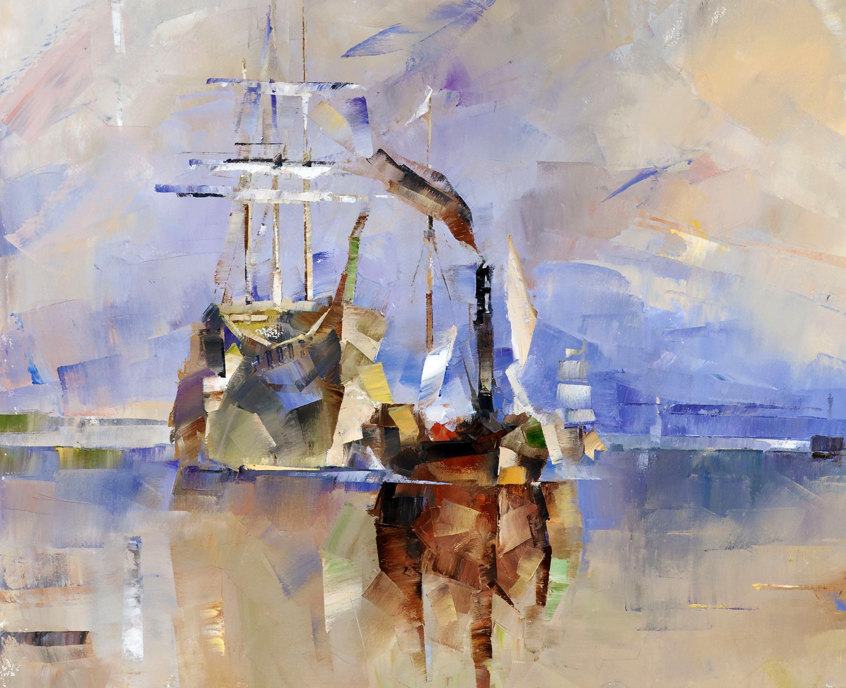 Oil painting Shining Volodymyr Gluhomanyuk abstract ship in blues purples browns