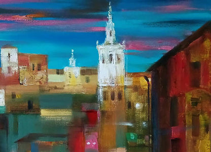 Vibrant impressionistic Evening city oil painting by Anatoly Tarabanov