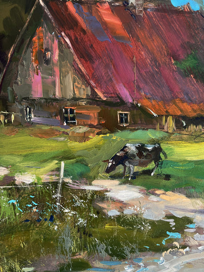 Oil painting by Yuriy Suprunchuk: black and white cow in green field by red barn