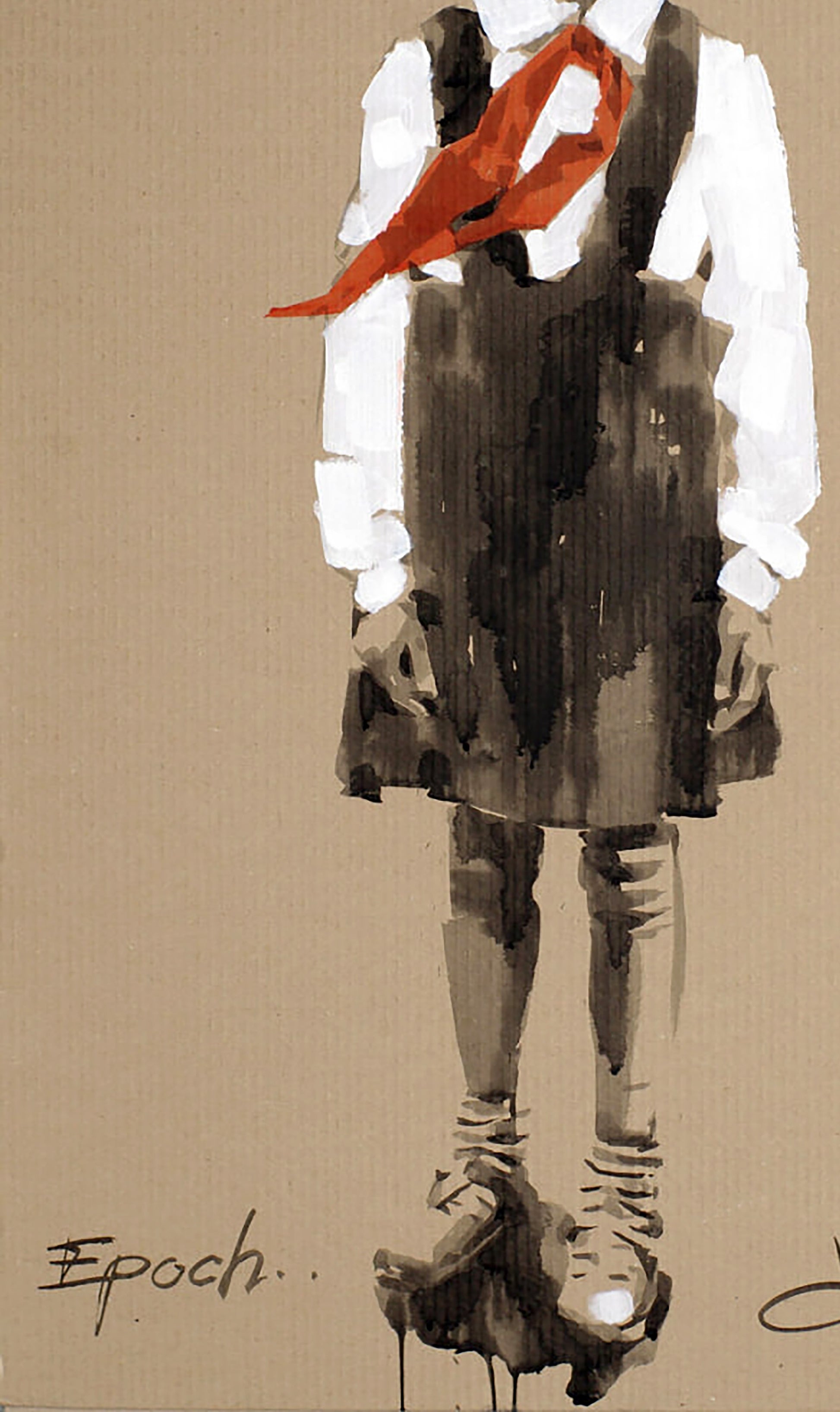Stylized watercolor of child in dark overalls, white shirt, red ribbon, Goodbye Era by Dima Filatov