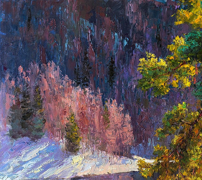 Vibrant impressionist oil painting of snowy forested mountains by Boris Serdyuk