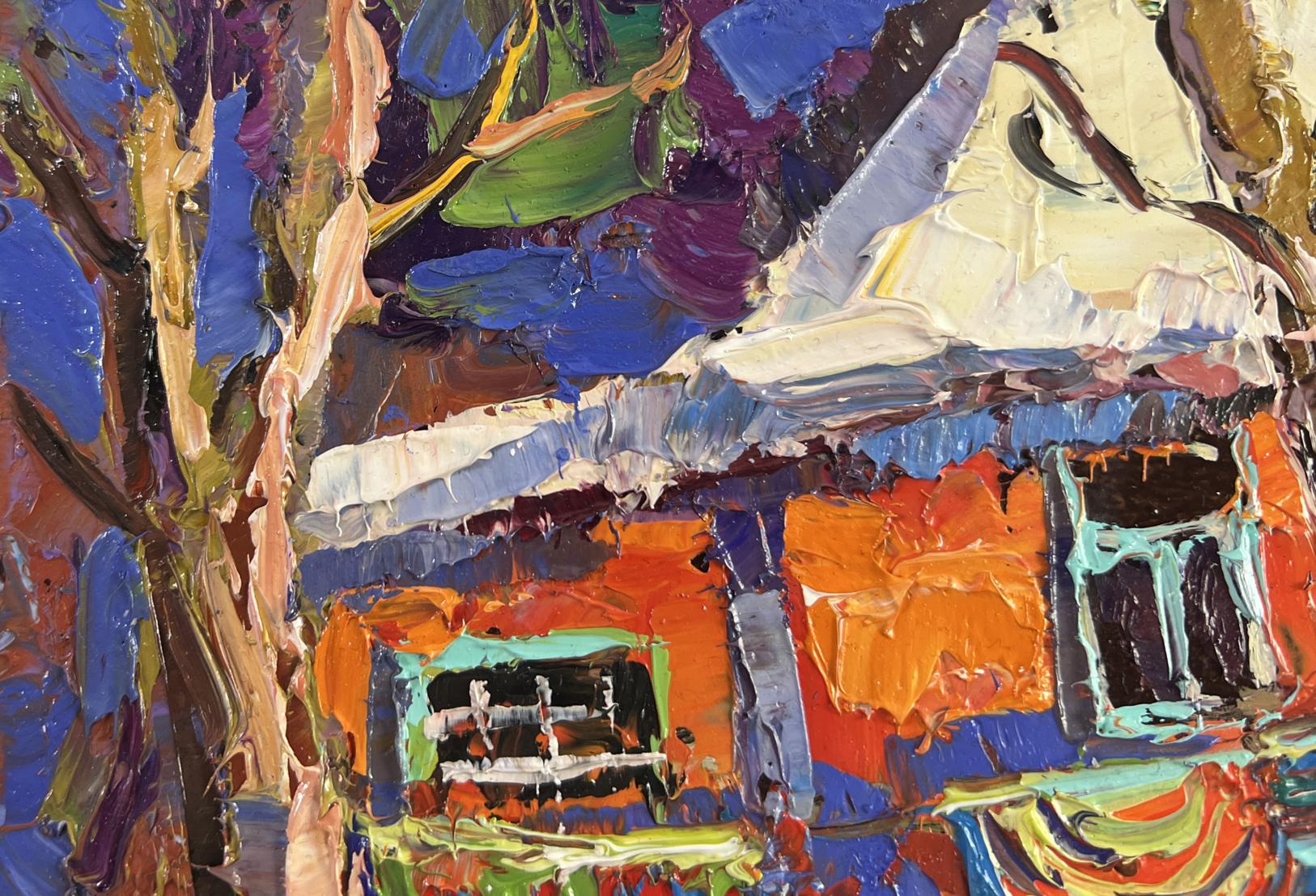 Vibrant impressionist oil painting of winter morning house by Oksana Ivanyuk