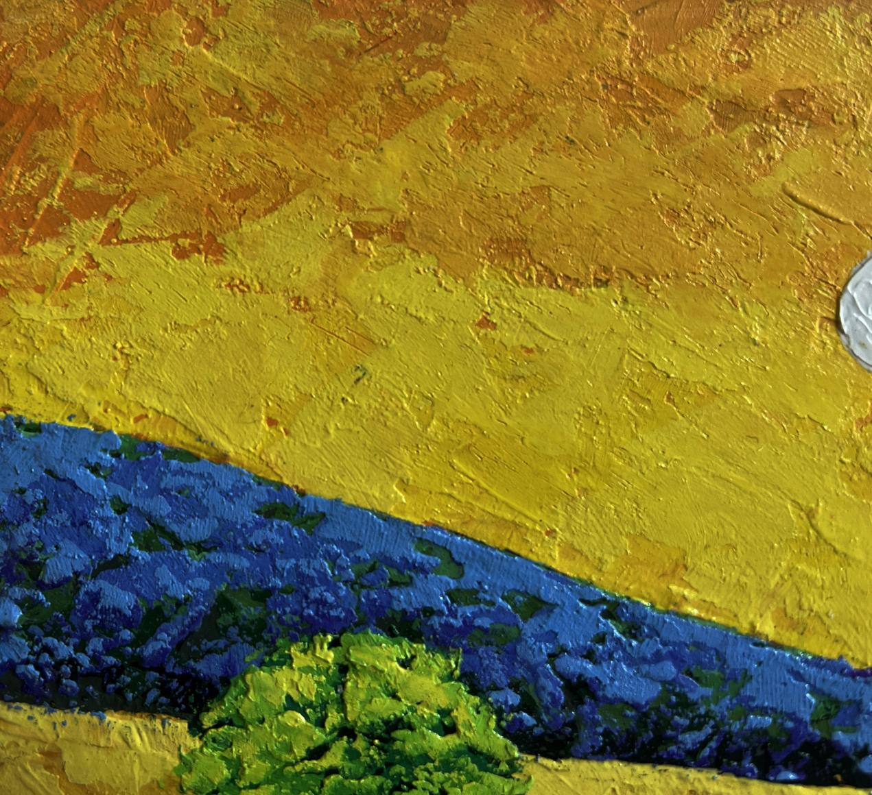 Oil painting of yellow sunset over flower meadows by V. Zadorozhnya