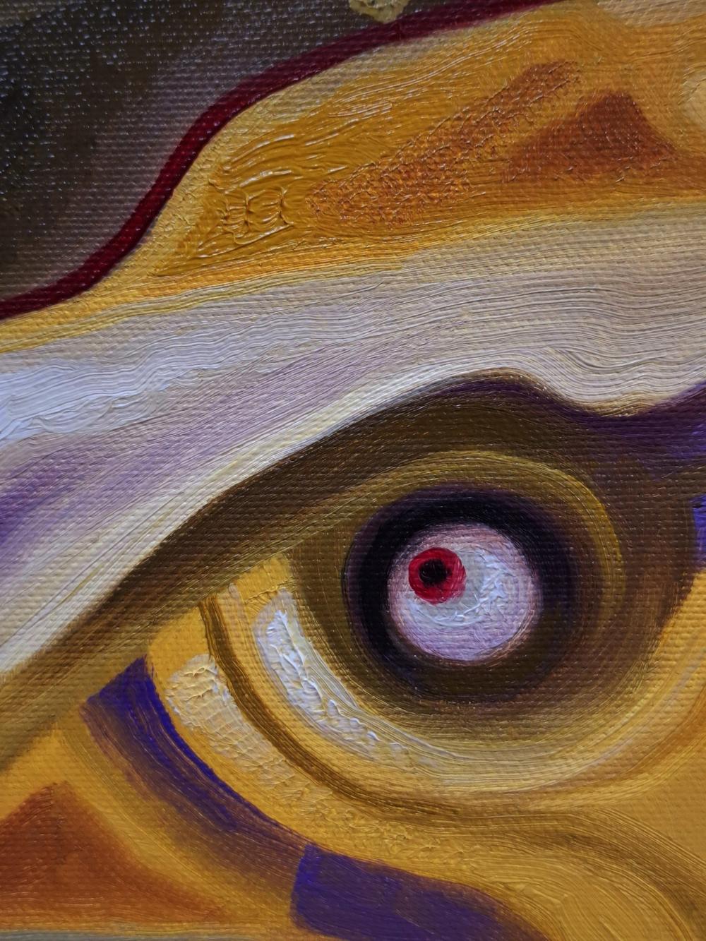 Close-up of Sergiy Voichenko oil painting The Lost World eye in gold, purple, red pupil