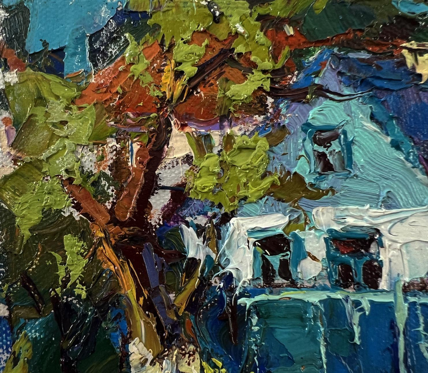 Oil painting Near the village yard by Oksana Ivanyuk with green foliage and blue forms