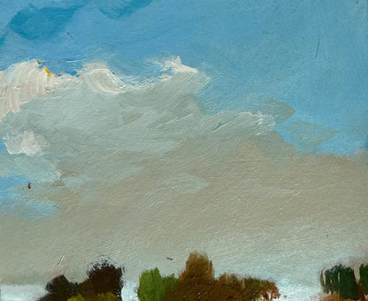 Oil painting of summer meadows path with blue sky, clouds, silhouetted trees by Yuriy Suprunchuk