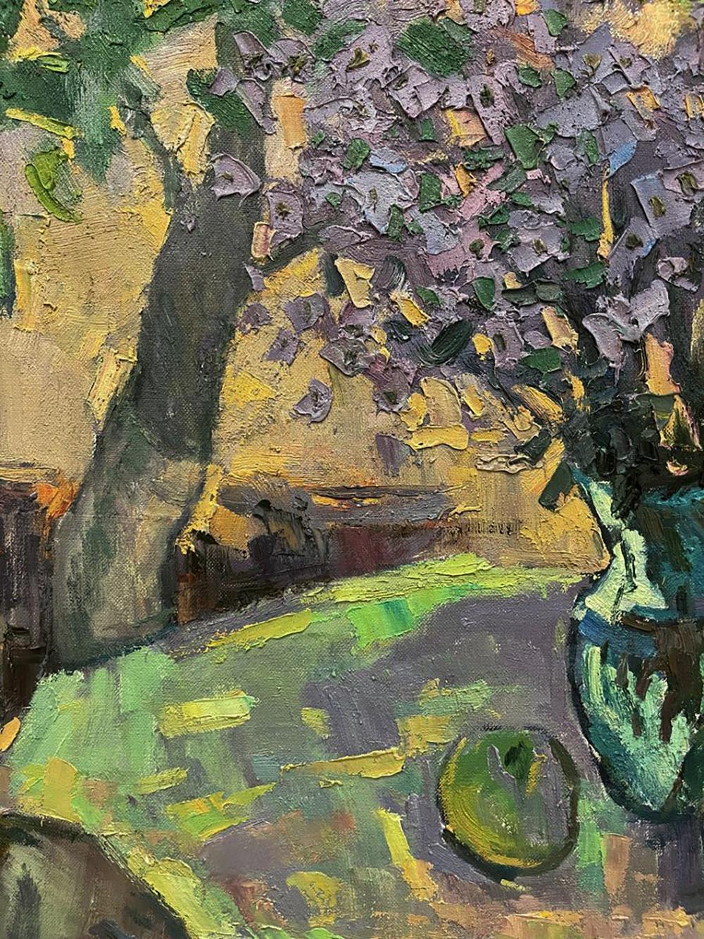 Oil painting Summer bouquet by Oleksandr Andreev: textured tree with purple green foliage on yellow background