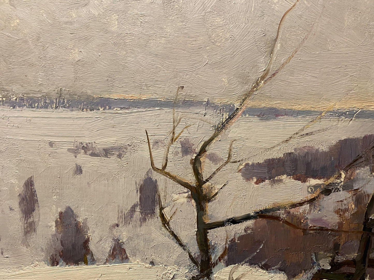 Oil painting Winter landscape by Georgiy Petrov: snowy tree under overcast sky