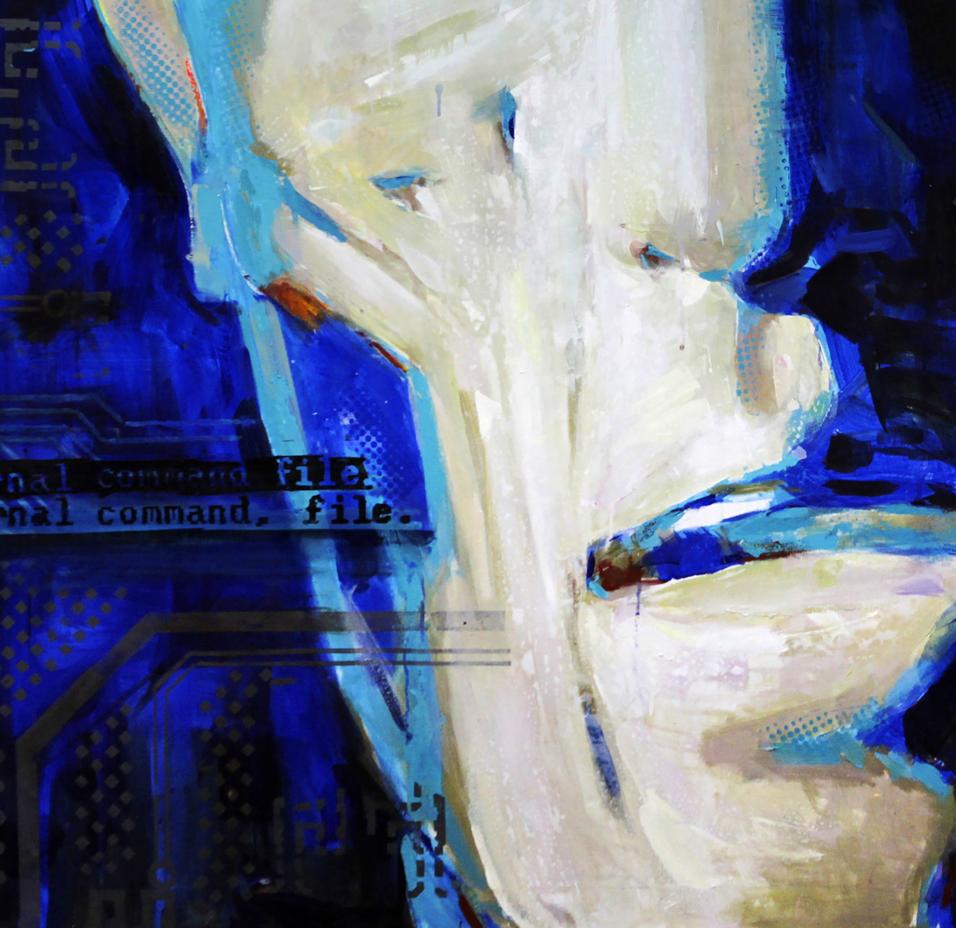 Oil painting Gudon Ed Potapenkov: abstract cream white face on blue circuit background