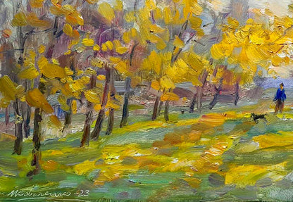 Vibrant Oi painting On Fallen Leaves by Ivan Kovalenko, impressionist autumn trees