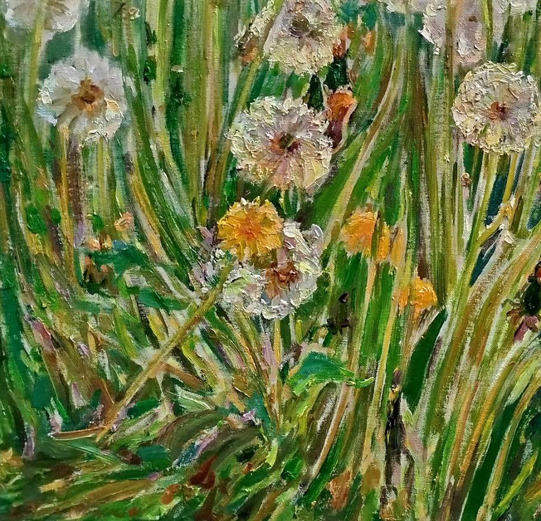 Oil painting Dandelions by Leonid Pavlenko with textured white and yellow blooms in green grass