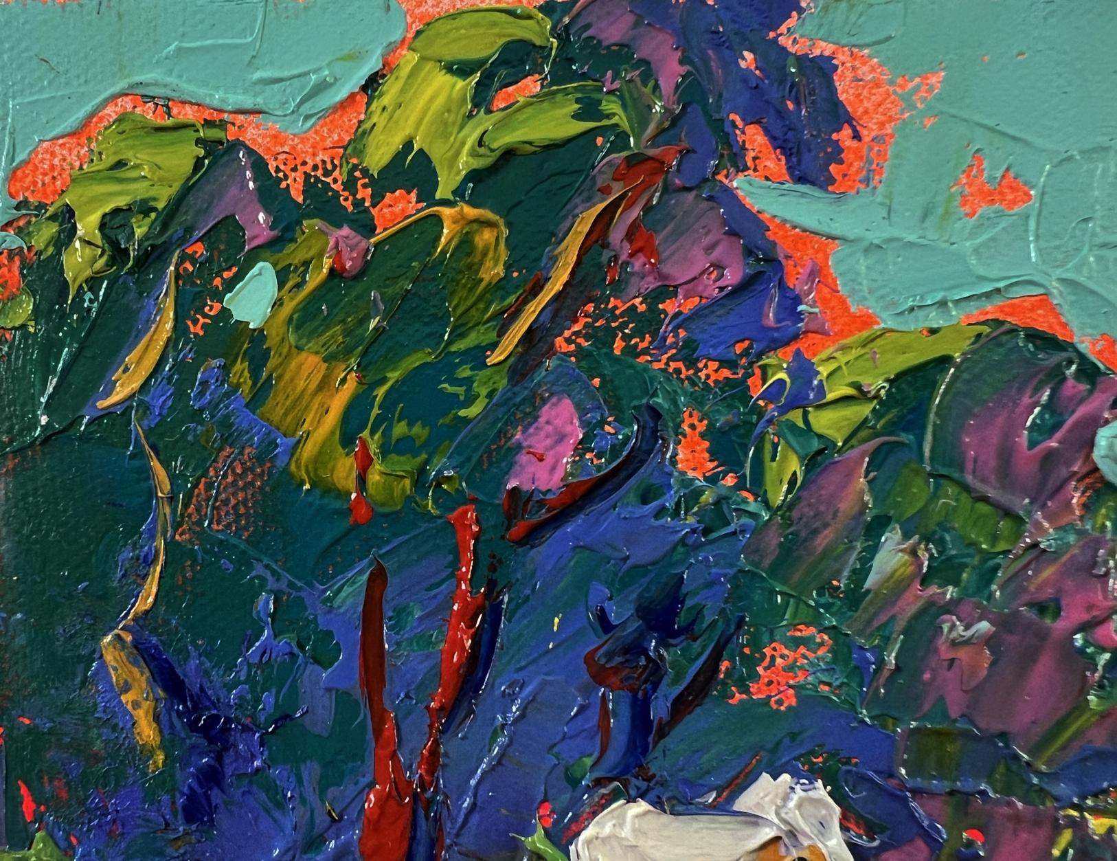 Vibrant oil painting of white horses in forest by Oleksiy Ivanyuk
