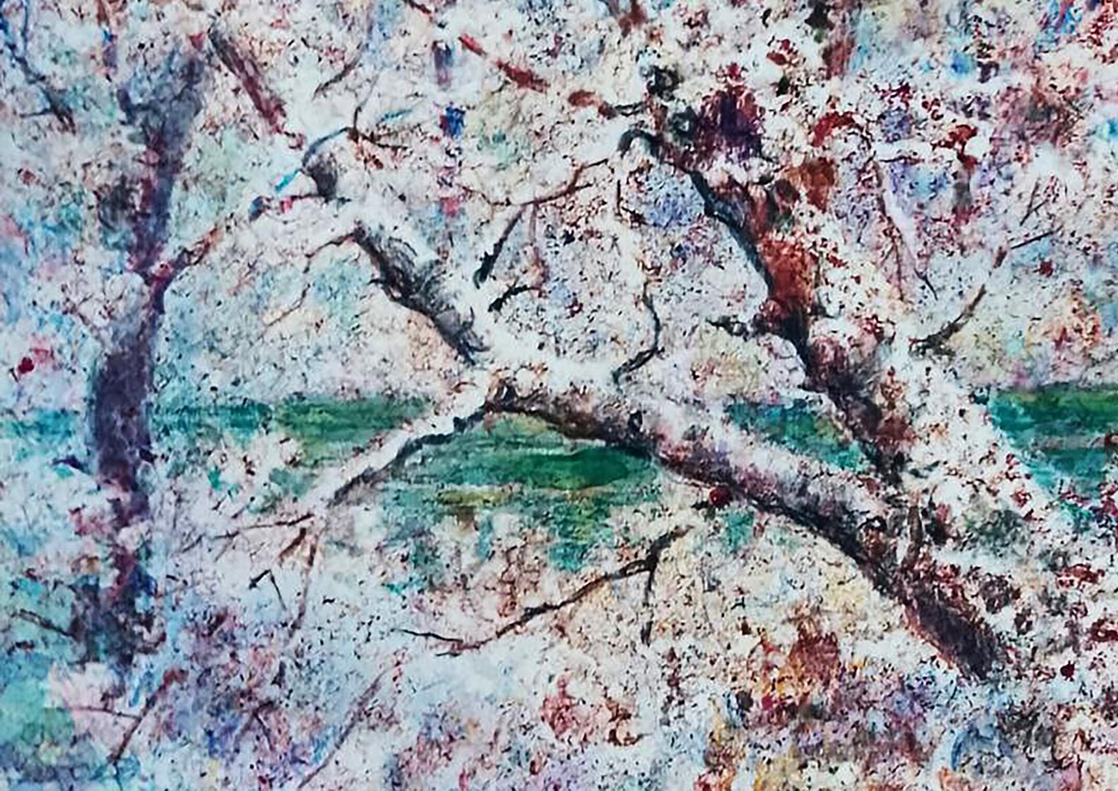 Oil painting After the winter snowstorm by Vitaly Duhnevich, abstract blossoming tree