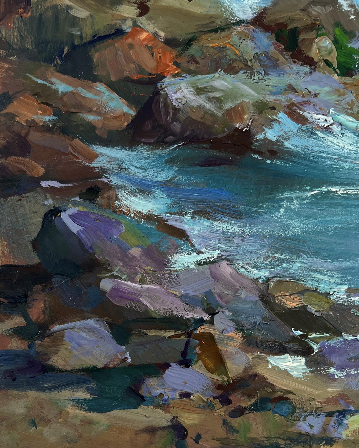Vibrant impressionist oil painting by Yuriy Suprunchuk of seagulls over rocky turquoise sea