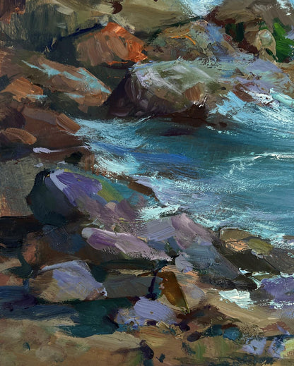Vibrant impressionist oil painting by Yuriy Suprunchuk of seagulls over rocky turquoise sea