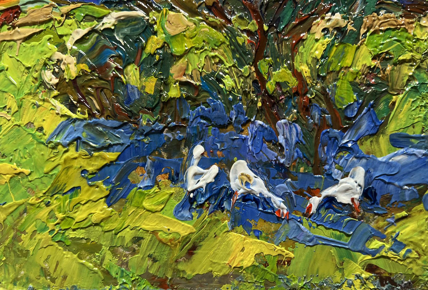 Vibrant impressionist oil painting by Oleksiy Ivanyuk: white birds on blue with green foliage