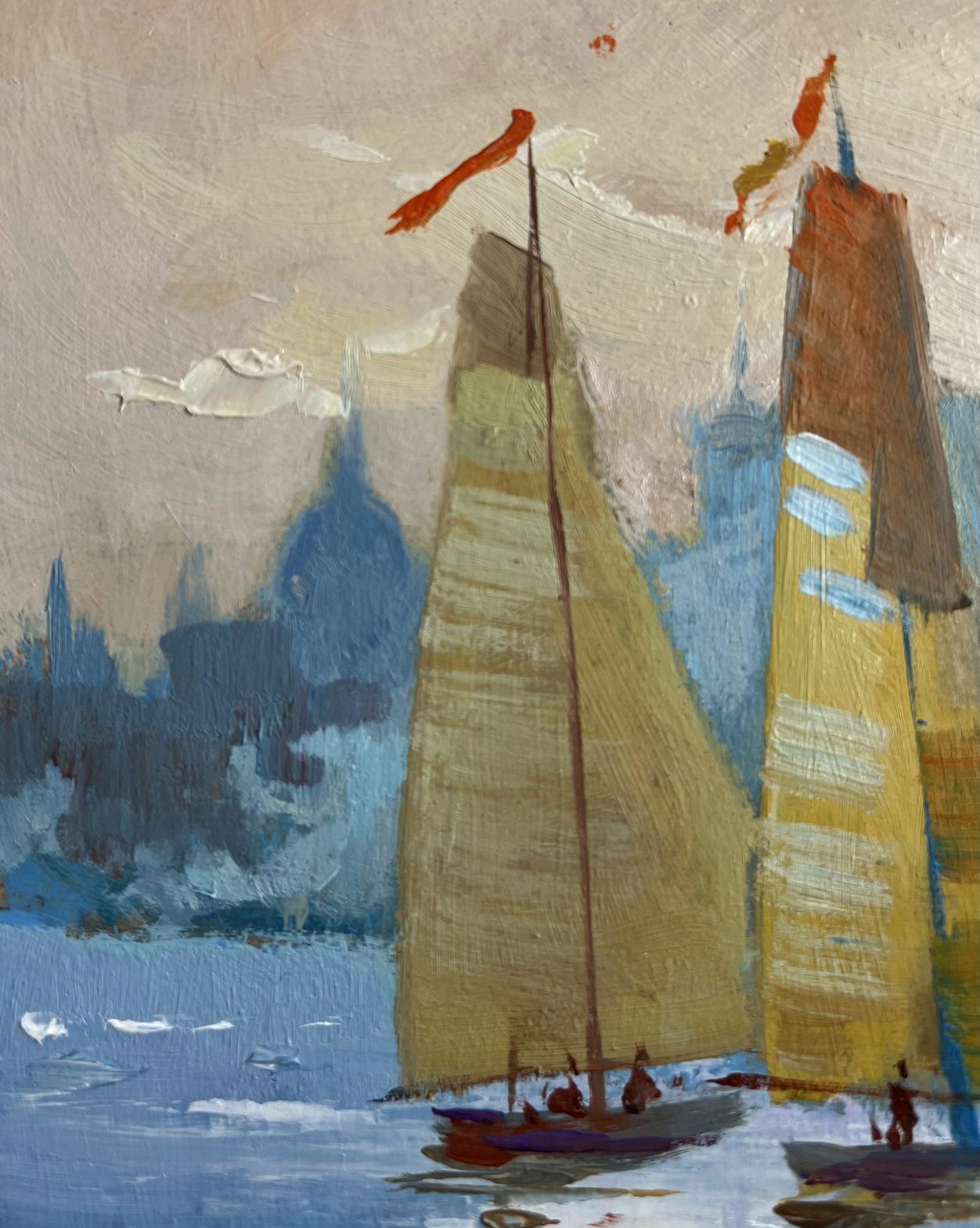 Oil painting of three sailboats in evening by Yuriy Suprunchuk