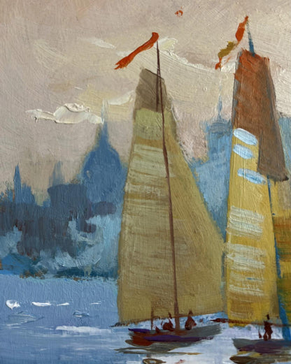Oil painting of three sailboats in evening by Yuriy Suprunchuk