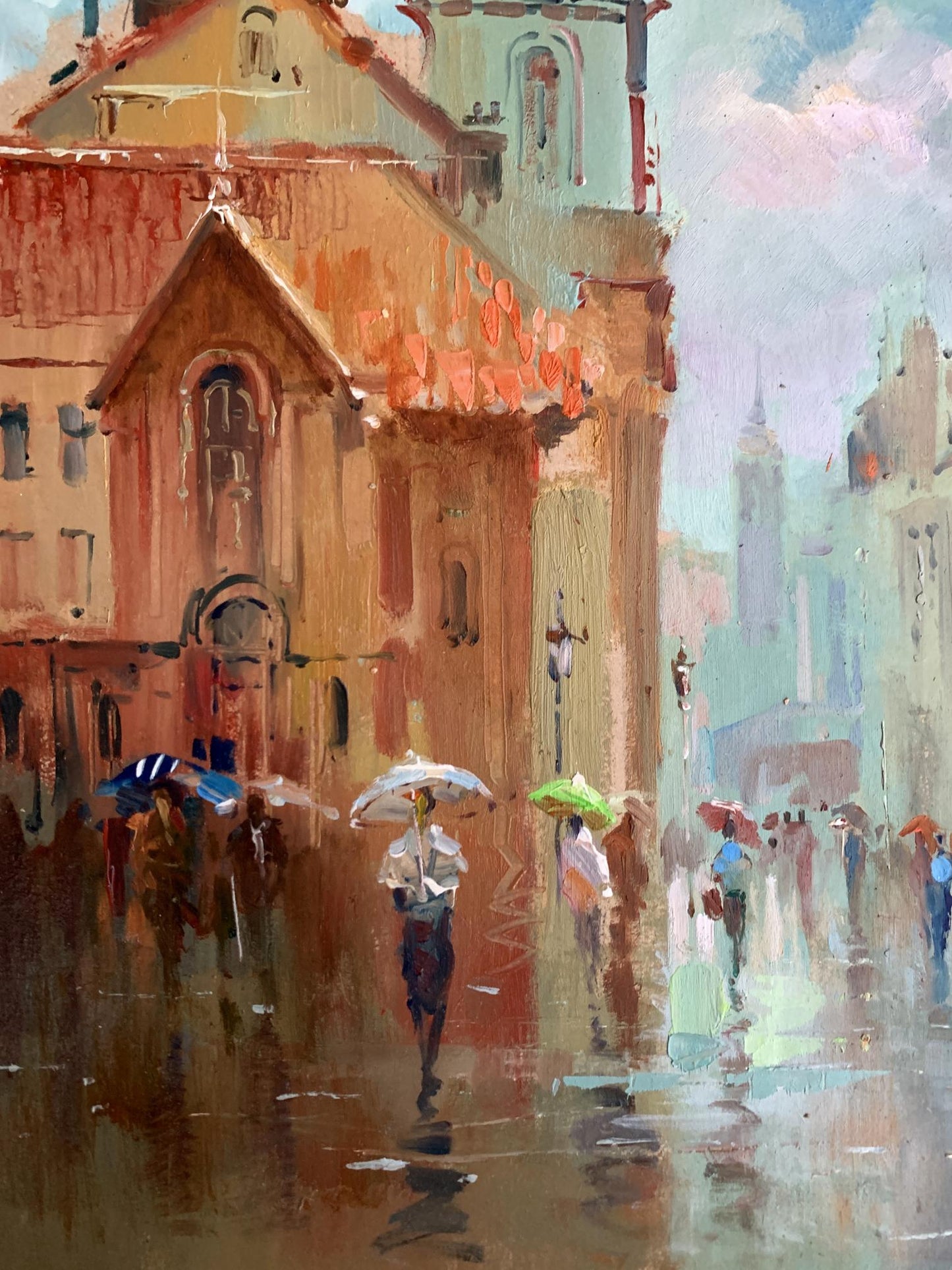 Vibrant impressionist oil painting of rainy city street by Yuriy Suprunchuk