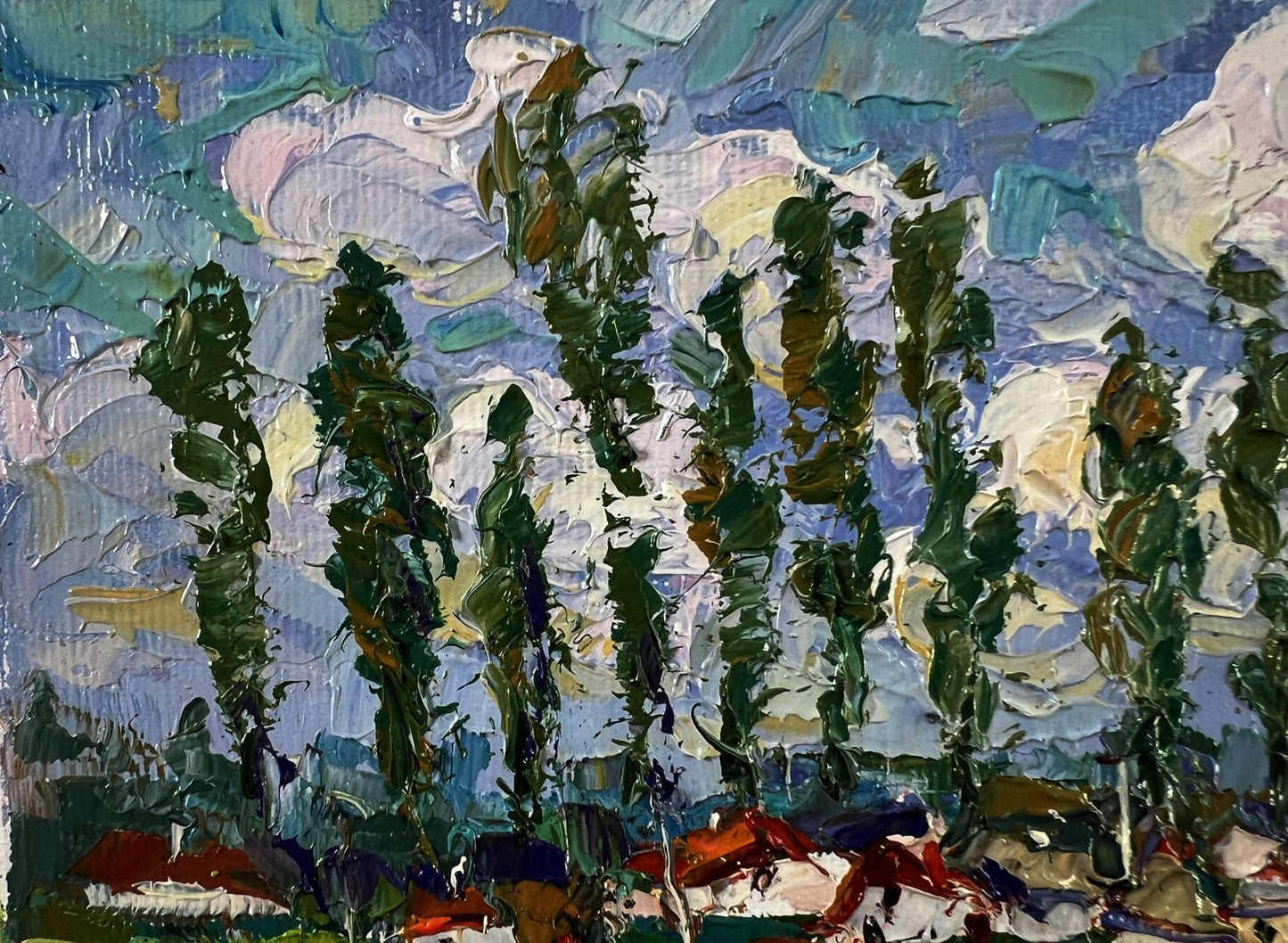 Oil painting Clouds over the village by Oksana Ivanyuk with green trees and sky