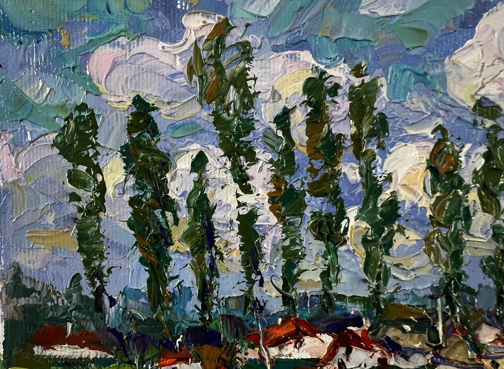 Oil painting Clouds over the village by Oksana Ivanyuk with green trees and sky