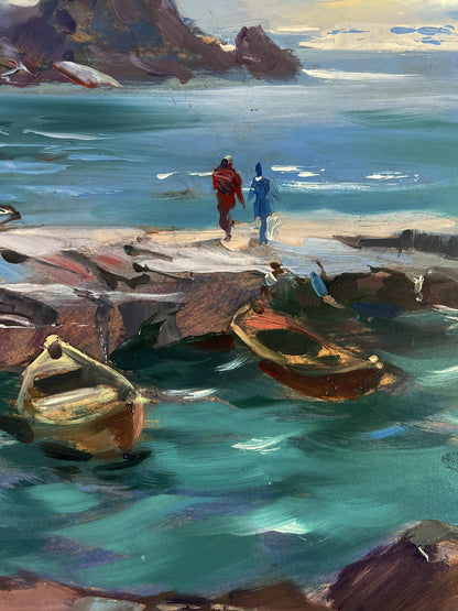 Oil painting Bridge to the Sea by Yuriy Suprunchuk: turquoise ocean, boats, rocky shores