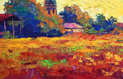 Vibrant impressionist oil painting of sunset over village by Boris Serdyuk