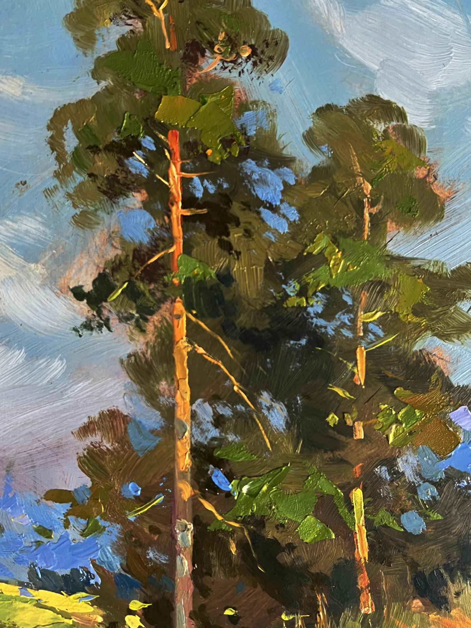 Vibrant impressionist oil painting of pine trees by Yuriy Suprunchuk