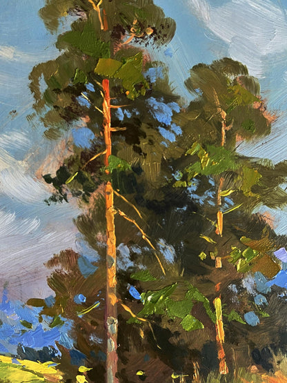 Vibrant impressionist oil painting of pine trees by Yuriy Suprunchuk