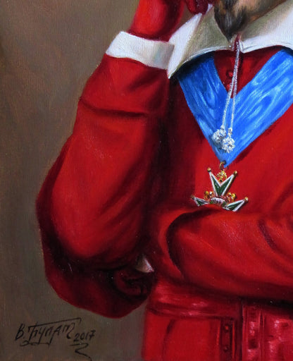 Oil painting Richelieu Valeriy Bulat: silver star medal with green accents on blue ribbon over red garment