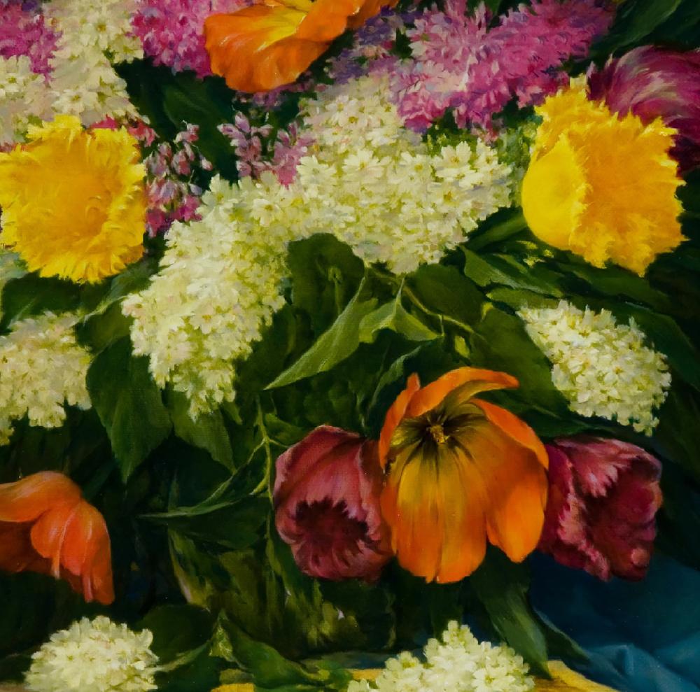 Oil painting Spring bouquet by Vasily Korkishko with vibrant tulips