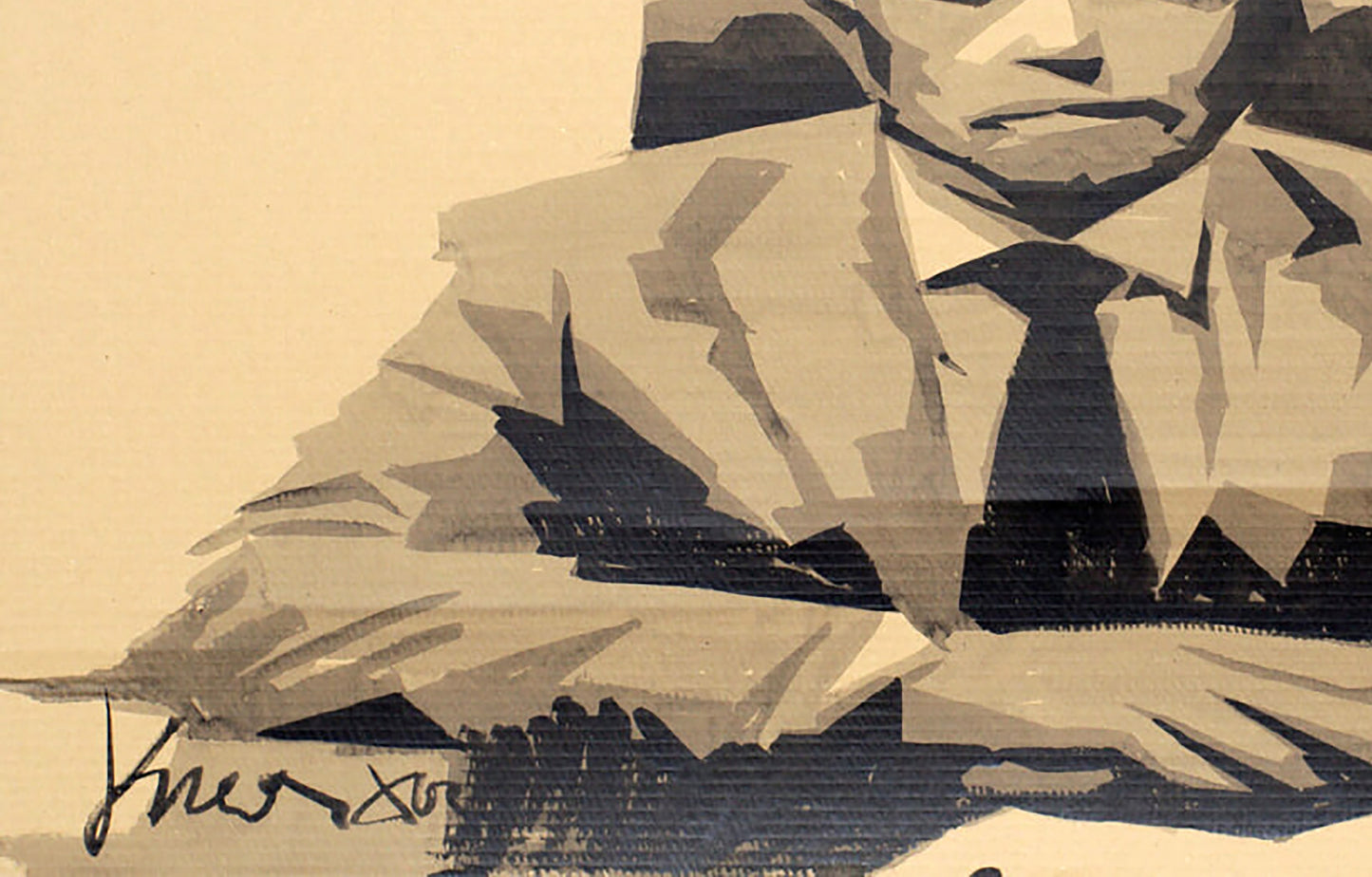 Stylized black and beige ink painting of Glue Master Dima Filatov in suit and tie