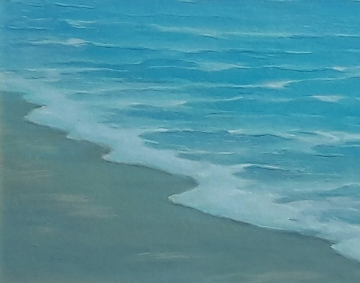 Oil painting of calm turquoise ocean waves lapping sandy shore by Vasily Korkishko