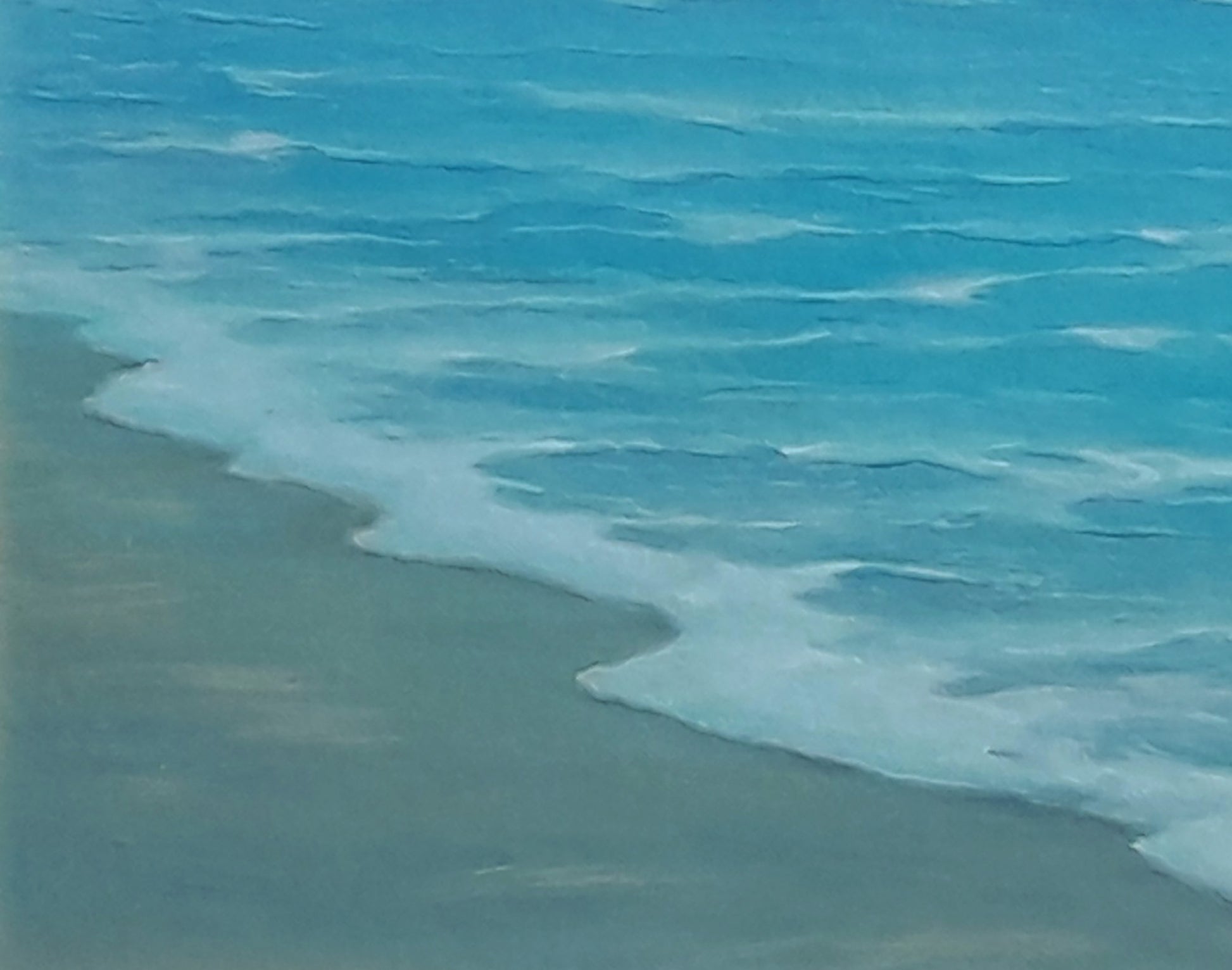 Oil painting of calm turquoise ocean waves lapping sandy shore by Vasily Korkishko