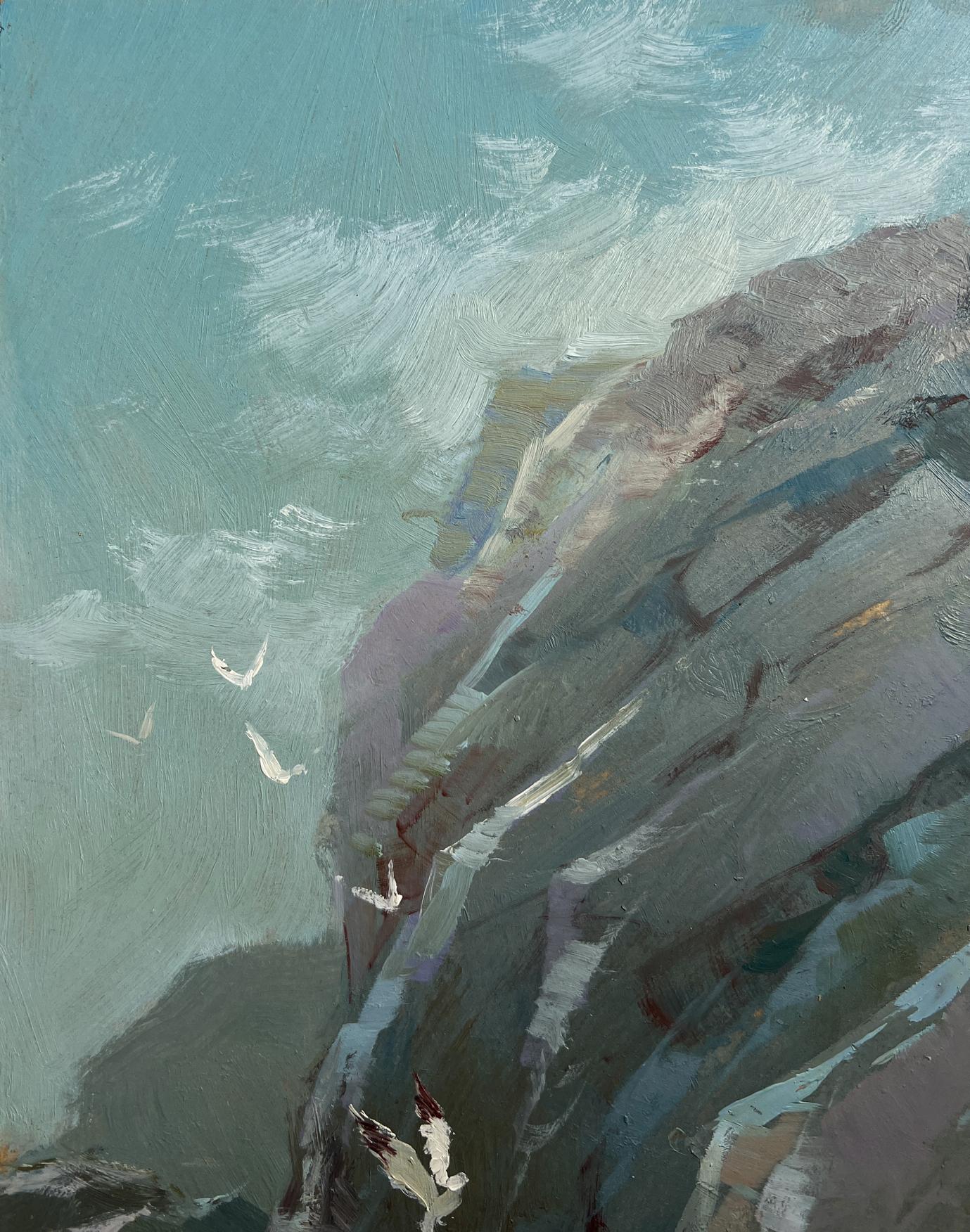 Oil painting Whisper of the sea waves by Yuriy Suprunchuk: rocky cliff, gulls, teal sky