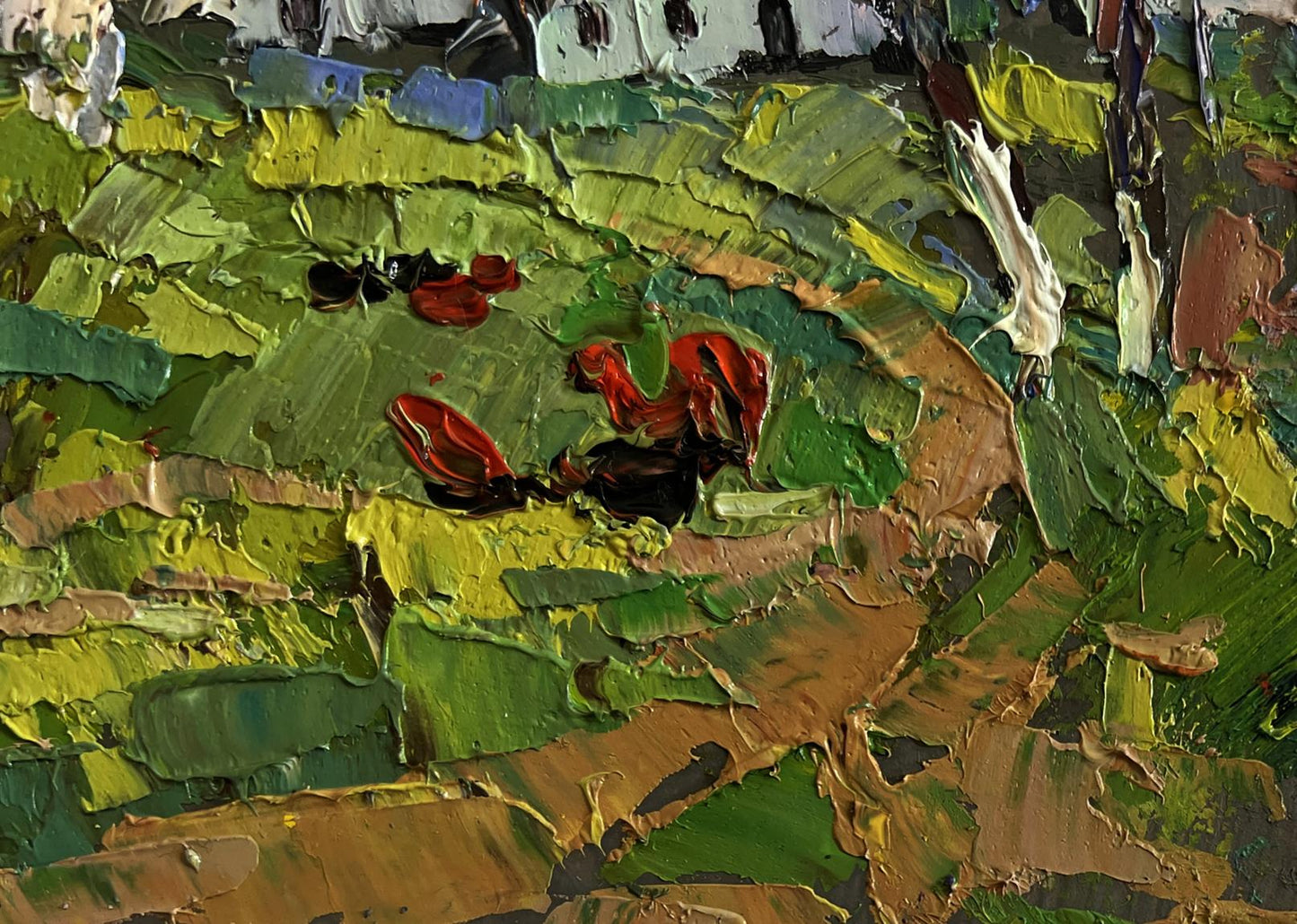 Oil painting Spring scent of nature by Oksana Ivanyuk with green fields and red flowers