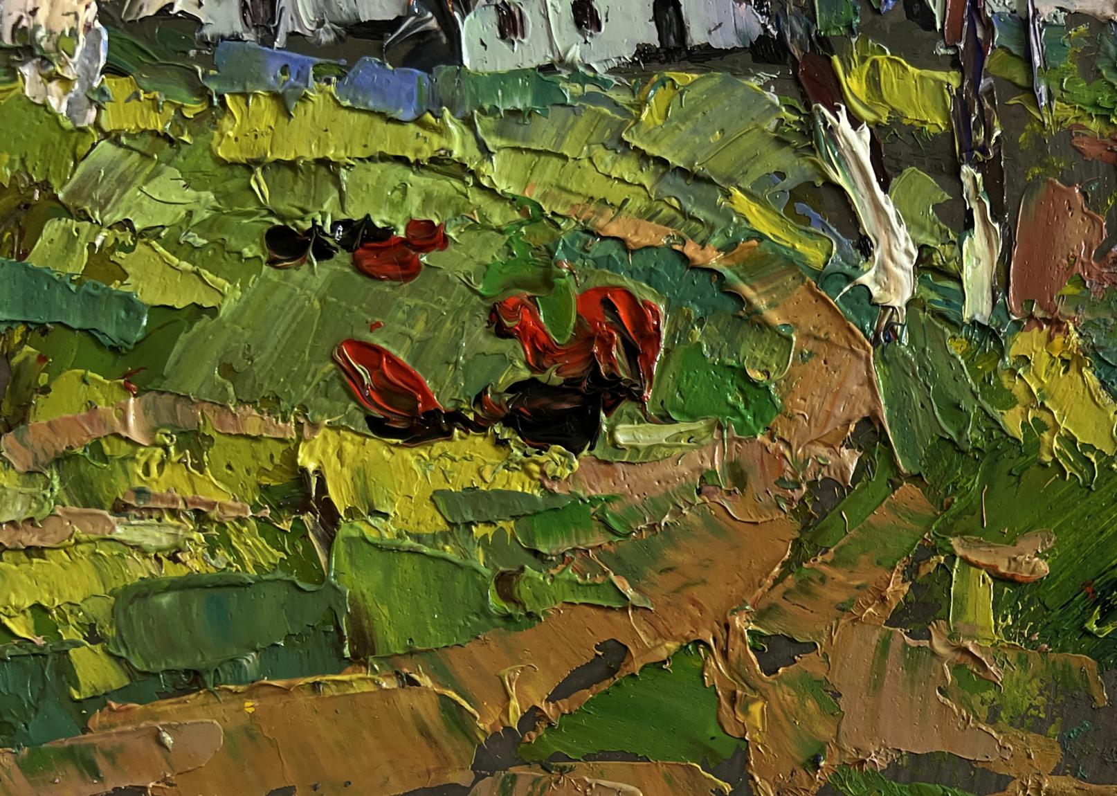 Oil painting Spring scent of nature by Oksana Ivanyuk with green fields and red flowers