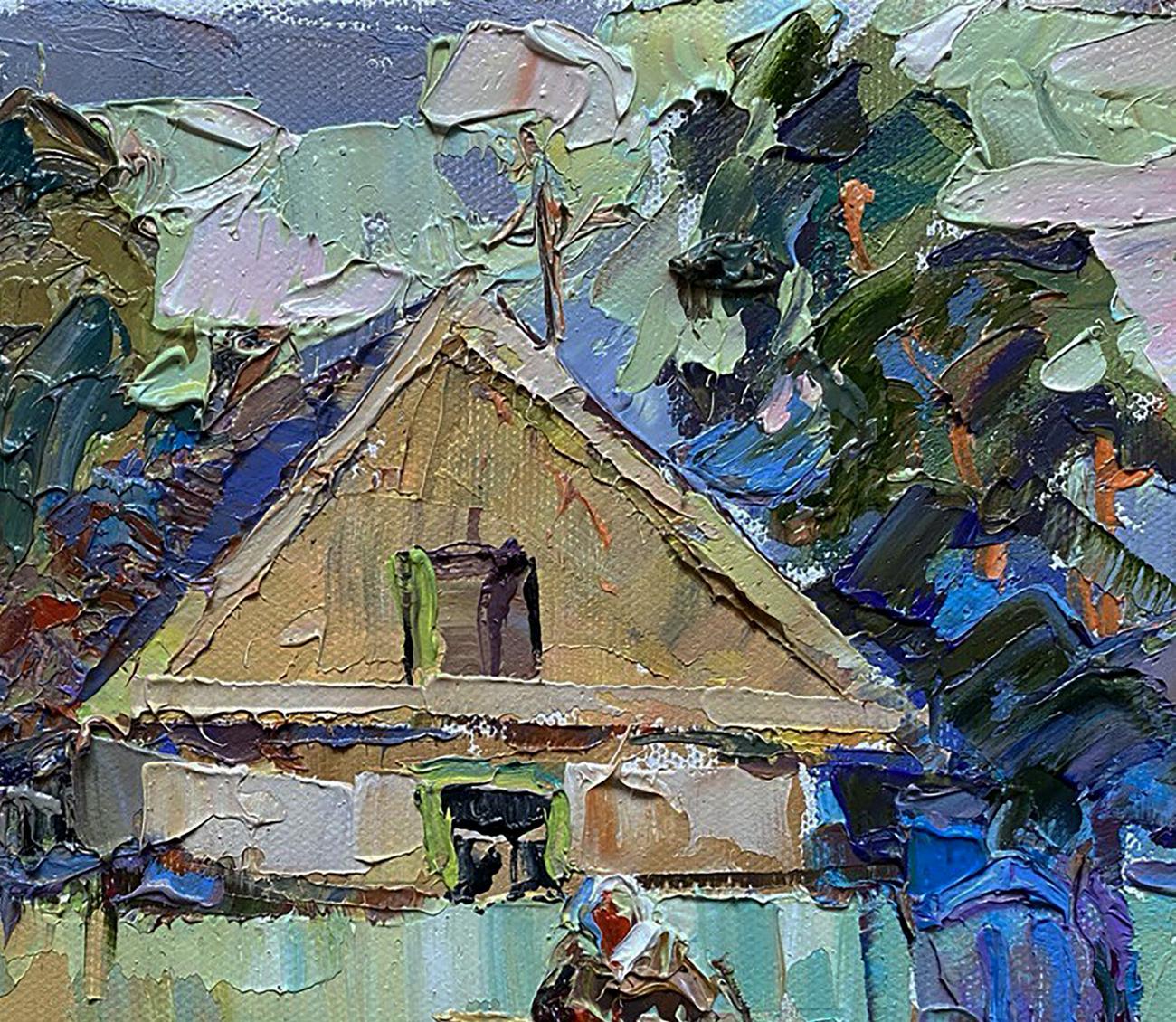 Oil painting Near the Yard by Oleksiy Ivanyuk, textured house in lush foliage